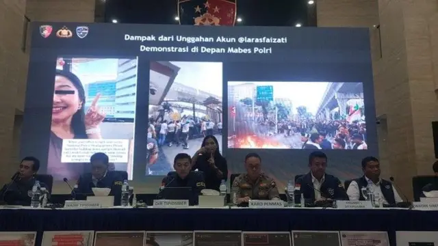 Direktorat Reserse Siber Polri menetapkan Laras Faizati sebagai tersangka atas hasutan pembakaran Gedung Mabes Polri. 