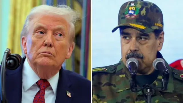 Montaje fotográfico que muestra una imagen de Donald Trump a la izquierda y Nicolás Maduro a la derecha. Trump lleva chaqueta y corbata y Maduro viste uniforme militar. 