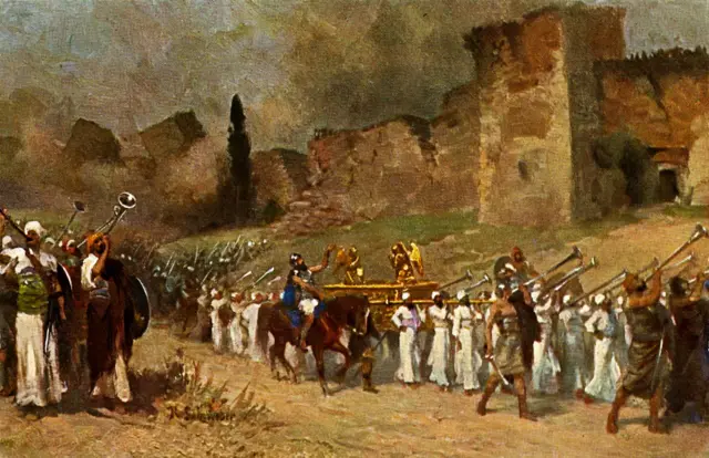 Destrucción de las murallas de Jericó. El relato bíblico de la destrucción de Jericó se encuentra en el Libro de Josué, Antiguo Testamento, datado alrededor del siglo XIII a.C. Ilustración basada en el lienzo original de Robert Leinweber.