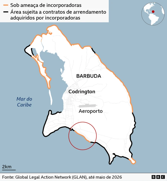 Litoral de Barbuda mostra quais áreas estão sob ameaça de incorporadoras e quais já foram arrendadas a desenvolvedores