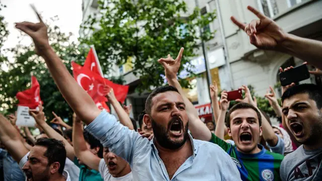 Un grupo hace el gesto del lobo durante una protesta en Estambul 