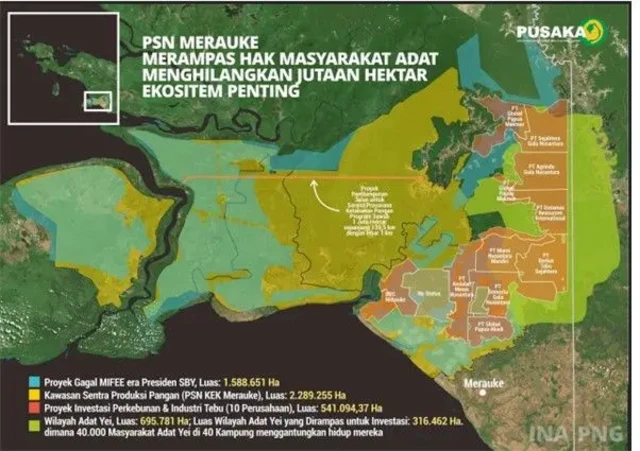 Analisis tumpang susun peta proyek MIFEE dan PSN di Merauke, Papua Selatan.
