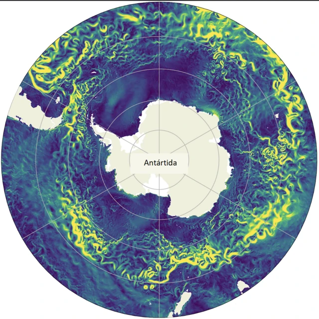 Arte representando a Corrente Circumpolar Antártica à volta do continente gelado