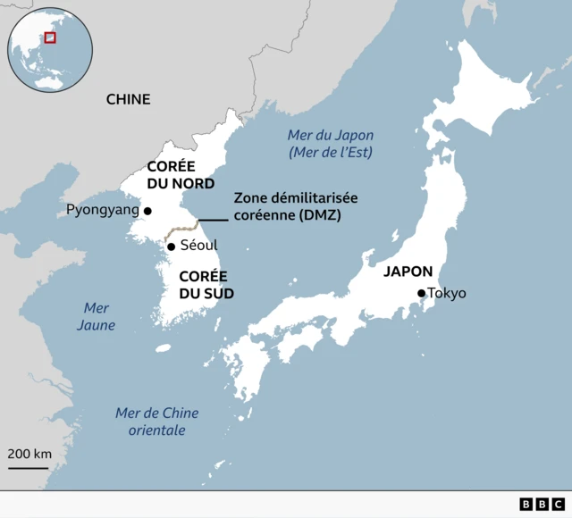 Une carte montrant la Chine, la Corée du Nord, la Corée du Sud et le Japon, avec l'emplacement de leurs capitales : Pyongyang, Séoul et Tokyo.