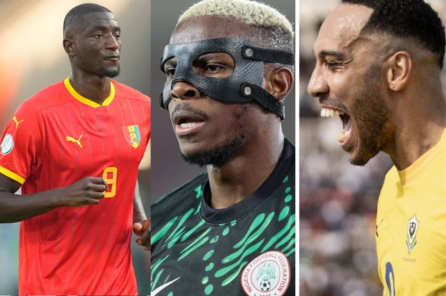 L'attaquant guinéen Serhou Guirassy, l'attaquant nigérian Victor Osimhen et l'attaquant gabonais Pierre-Emerick Aubameyang sont représentés en buste dans les quatre colonnes verticales d'une image divisée, vêtus des maillots nationaux de leurs équipes respectives.