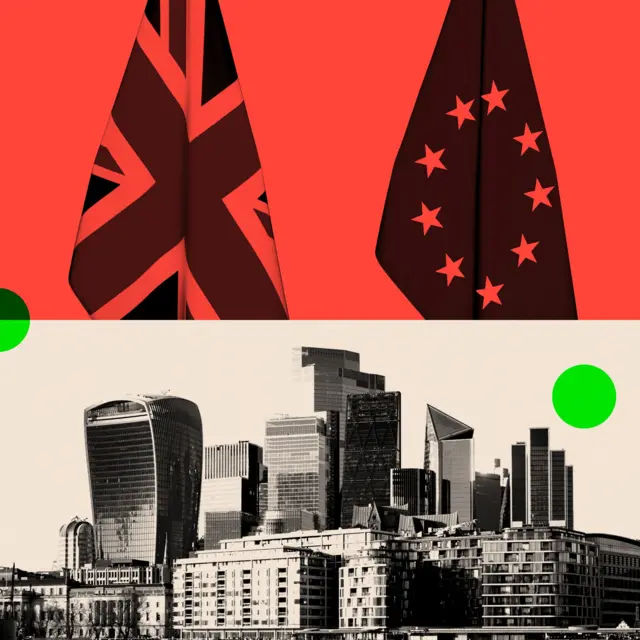 İngiliz ve AB bayraklarını gösteren işlenmiş görüntüler, aşağıda Londra şehrinin silüetinin siyah beyaz bir görüntüsü var