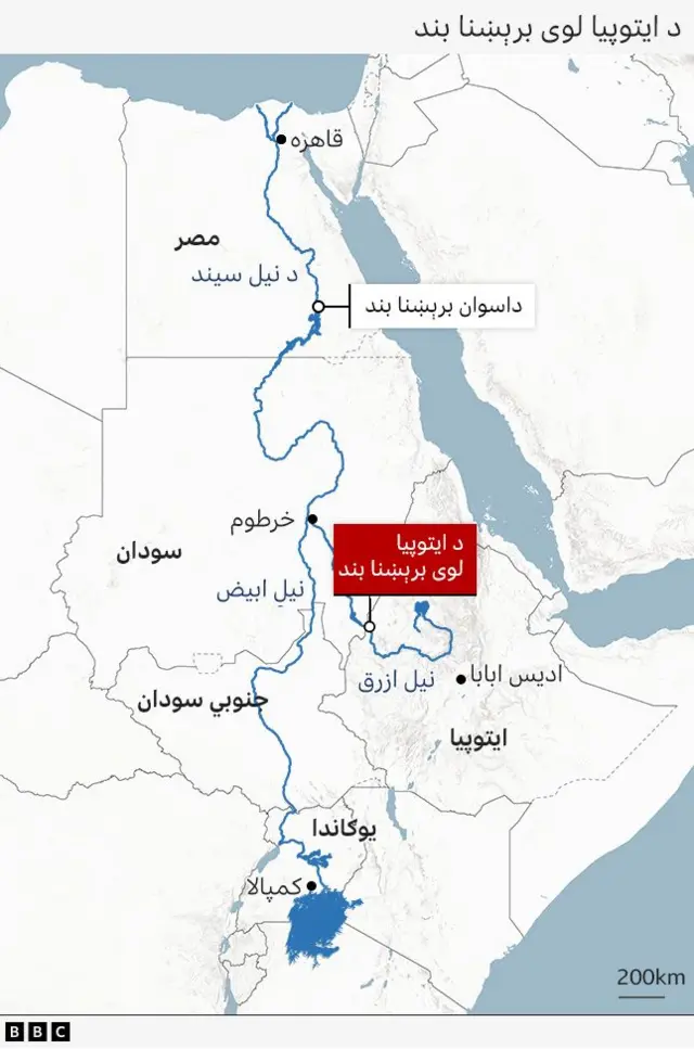 نقشه سپین نیل ښيي (چې له اوګاندا راځي، د سوېلي سوډان له لارې تېرېږي او د سوډان پلازمېنې خرطوم ته رسېږي) او شین نیل (له ایتوپیا تر خرطوم پورې) او همدارنګه نیل سیند چې له خرطوم تر مصر پورته غځېدلی دی. نقشه همدارنګه د مصر د اسوان بند او د ایتوپیا ستر رېنېسانس بند ځایونه هم ښيي.