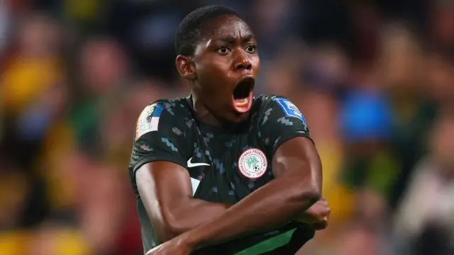 Asisat Oshoala na murnar cin kwallo a karawar Najeriya da Australia a birnin Brisbane a gasar kofin duniya ta mata wadda Australia da New Zealand suka karbi bakunci a 2023