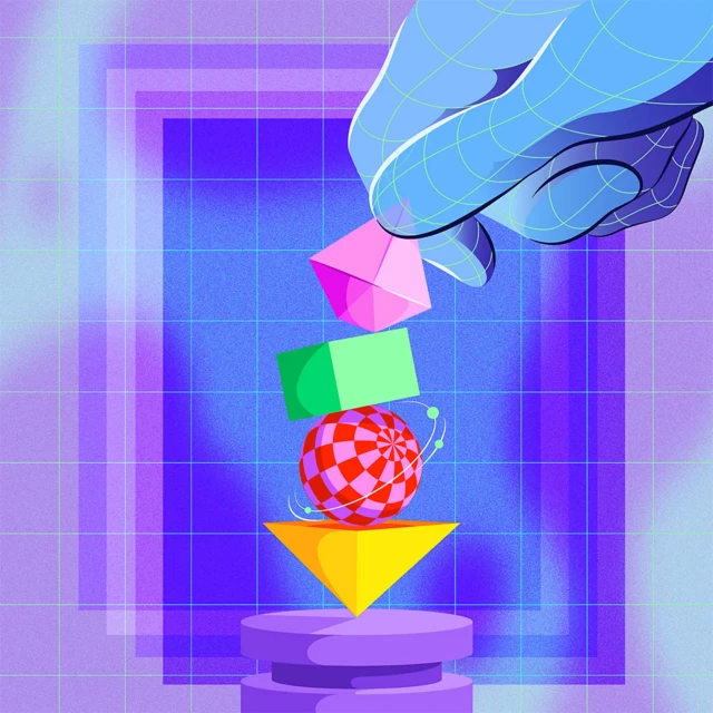 로봇 손이 작은 도형을 잡고 있는 일러스트