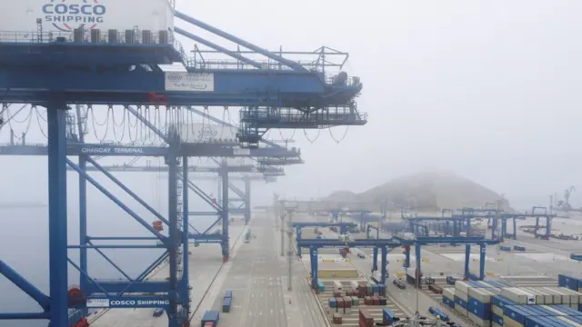 A drone view shows cranes and containers at the new megaport being built by China's state-owned Cosco Shipping, promising to shorten sea routes to Asia for Peruvian and some Brazilian goods, in Chancay, Peru October 24, 2024