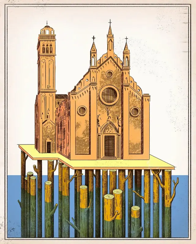 Ilustração de uma igreja sobre uma espécie de palafita na água sustentada por imensos galhos. 