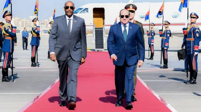 ካብ ነፋሪት ዝወረደ ኣል-ቡርሃን ምስ ዝተቐበሎ ኣል-ሲሲ ኣብ ቀይሕ ምንጻፍ እናሰጎሙ፡ ብክልቲኡ ጎኖም ናይ ክብሪ ወተሃደራዊ ሰልፊ እናተዋህቦም።