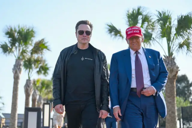 Elon Musk e Donald Trump caminhando lado a lado