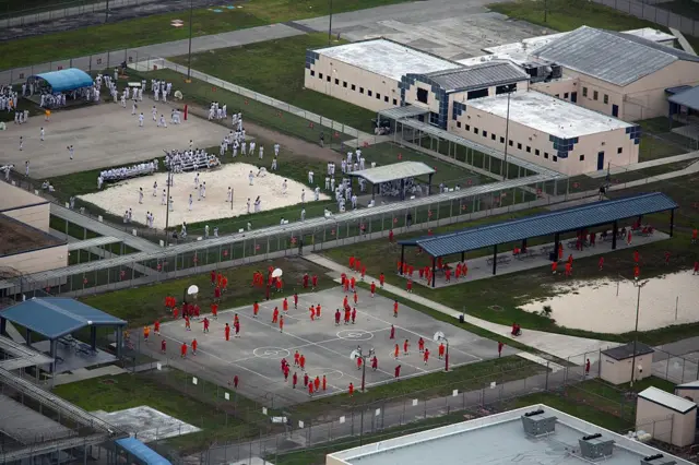 En una vista aérea desde un helicóptero, se observan detenidos en el Centro de Detención Krome, administrado por la Oficina de Inmigración y Control de Aduanas de Estados Unidos, el 4 de julio de 2025 en Miami, Florida. (Foto de Alon Skuy/Getty Images)