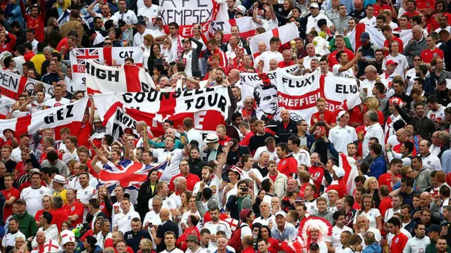 England fans cheer during the 2014 FIFA World Cup Brazil Group D match between Uruguay and England at Arena de Sao Paulo on June 19, 2014 in Sao Paulo, Brazil. 