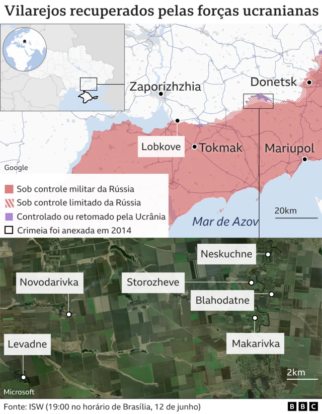 mapa que mostram vilarejos recuperados pelas forças ucranianas