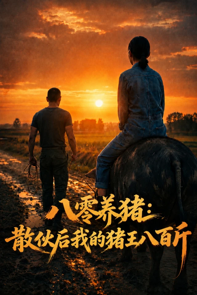 一男子走在田埂上，另一女子坐在猪身上。海报上写着剧名：八零养猪，散伙后我的猪王八百斤。