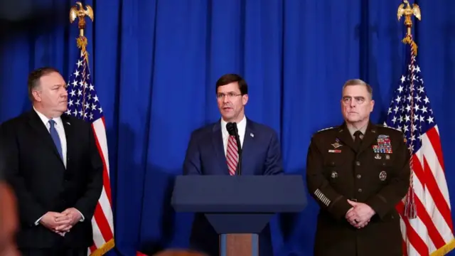 ژنرال مایک میلی فرمانده ستاد مشترک نیروهای مسلح آمریکا، مایک اسپر وزیر دفاع آمریکا، مایک پومپئو وزیر خارجه آمریکا