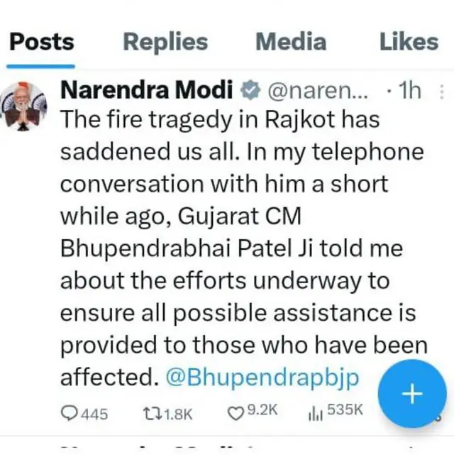 વડા પ્રધાન નરેન્દ્ર મોદીએ આ ઘટના અંગે રાજ્યના મુખ્ય મંત્રી ભુપેન્દ્ર પટેલ સાથે વાતચીત કરી હતી