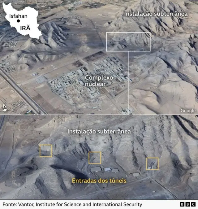 Imagens de satélite e mapa mostrando o complexo nuclear iraniano em Isfahan
