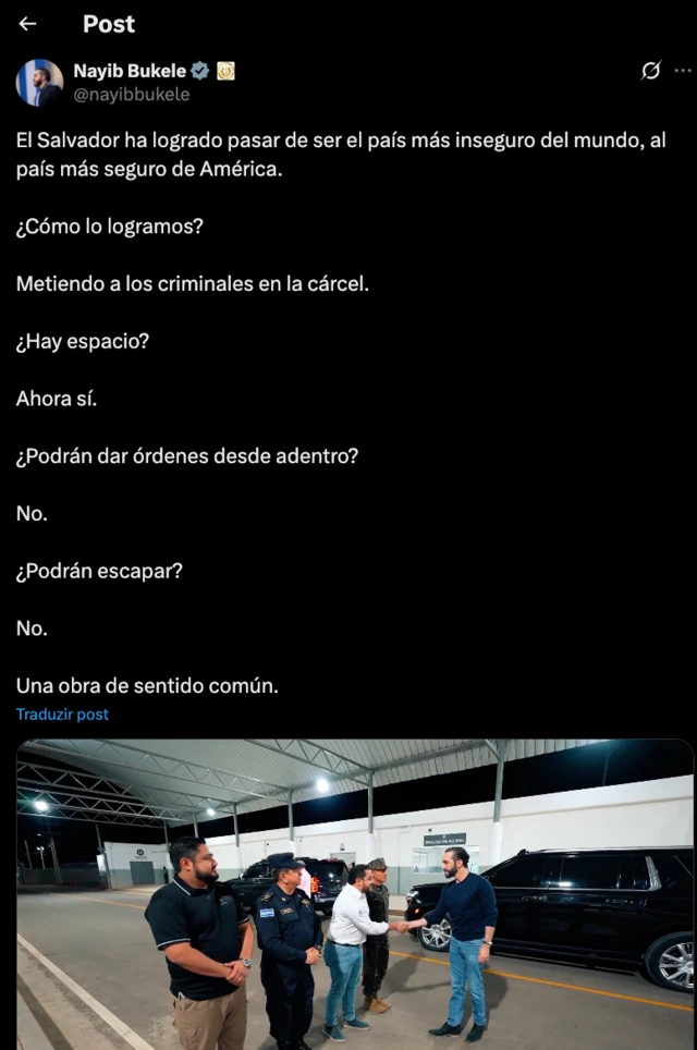 Post no X do presidente de el Salvador, anunciando criação de megaprisão