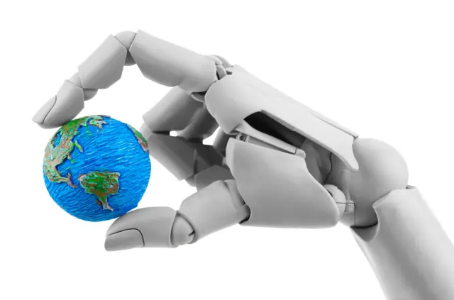 یک دست ربات انساننما که کره زمین را بین دو انگشت خود گرفته