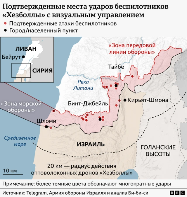 Карта юга Ливана и севера Израиля, на которой показаны места 35 подтвержденных ударов дронов FPV на территории Ливана, оккупированной израильскими войсками. На ней также отмечена 20-километровая дальность действия дронов на территории Израиля.