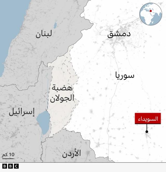 خريطة توضح موقع السويداء في سوريا.