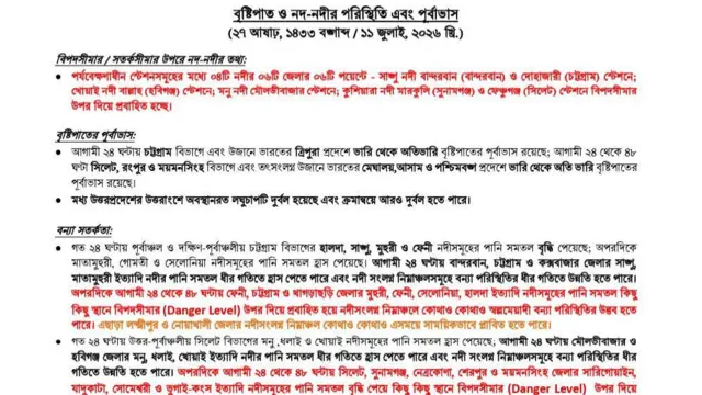 বন্যা পূর্বাভাস ও সতর্কীকরণ কেন্দ্রের দেওয়া তথ্য
