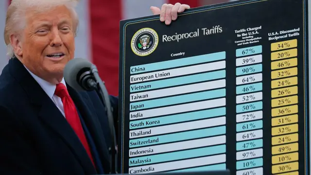 Presiden AS Donald Trump berbicara selama acara pengumuman perdagangan "Make America Wealthy Again" di Rose Garden di Gedung Putih pada 2 April 2025 di Washington, DC. Dengan menyebut acara tersebut sebagai "Hari Pembebasan", Trump mengumumkan tarif tambahan yang menargetkan barang-barang impor ke AS.