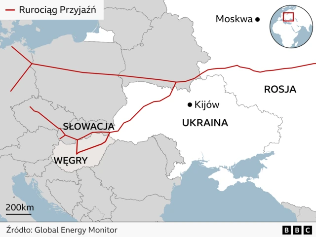 Na mapie zaznaczono na czerwono dwie gałęzie rurociągu biegnącego z Rosji do Europy. Rozdzielają się na terytorium Białorusi: jedna z nich prowadzi dalej na zachód, do Niemiec, a druga biegnie przez terytorium Ukrainy na Węgry