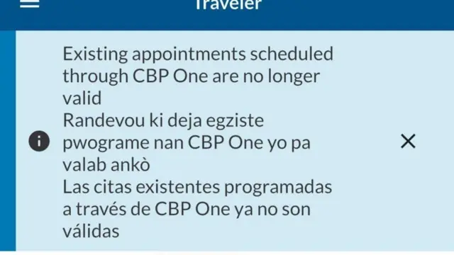 ‘CBP 원을 통해 예약된 기존 예약은 더 이상 유효하지 않다’는 안내문구