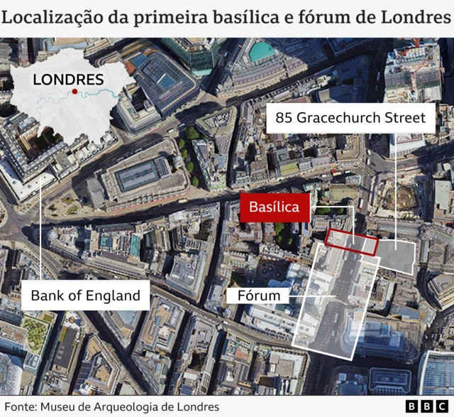 Mapa mostrando a localização do primeiro fórum e basílica romanos de Londres