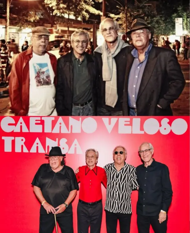 Montagem de fotos mostra Jards Macale, Aureo de Souza, Caetano Veloso e Tuti Moreno, em 2012, nos 40 anos do disco 'Transa'