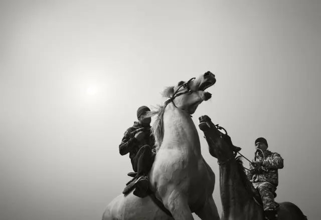 Una fotografía en blanco y negro de dos hombres a caballo, con los caballos encabritados muy cerca el uno del otro, tomada durante un partido de buzkashi.