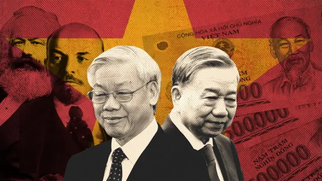 Ảnh thiết kế, ông Nguyễn Phú Trọng (trái) và ông Tô Lâm. Đằng sau là chân dung các ông Mác - Lênin, cờ Việt Nam và tiền tệ của Việt Nam 