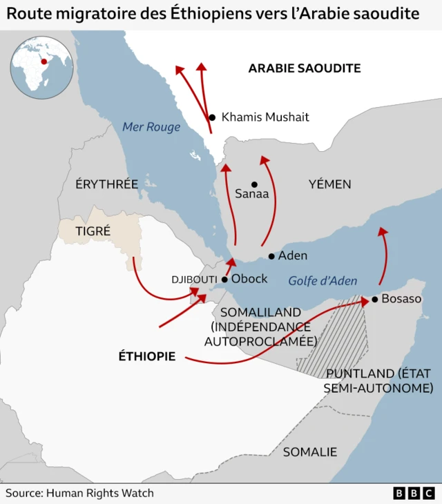 Une carte montrant des lignes rouges fléchées partant d'Éthiopie et retraçant les itinéraires des migrants quittant l'Éthiopie pour rejoindre l'Arabie saoudite en passant par Djibouti, le Somaliland et le Yémen. Le Tigré est indiqué comme une région d'Éthiopie.