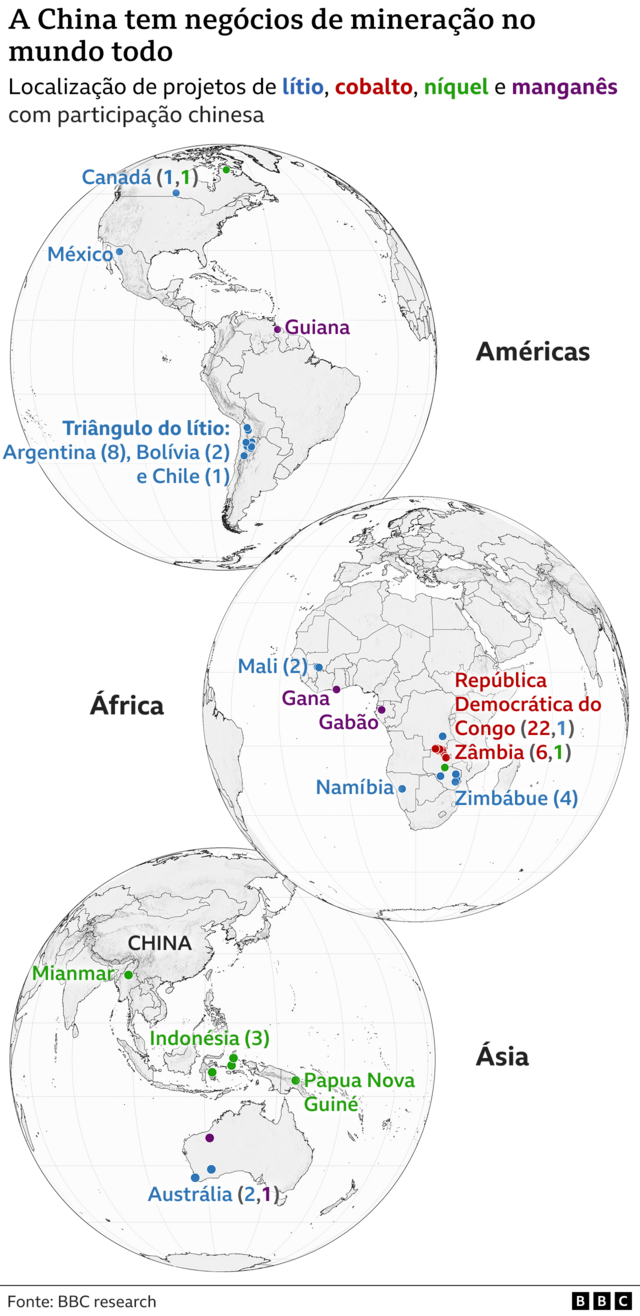 Mapa-mndi mostrando projetos de minerao de ltio, cobalto, mangans e nquel nos quais a China tem participao
