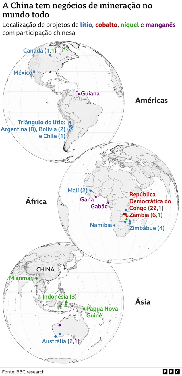 Mapa-múndi mostrando projetoscupom aposta gratis betanomineraçãocupom aposta gratis betanolítio, cobalto, manganês e níquel nos quais a China tem participação