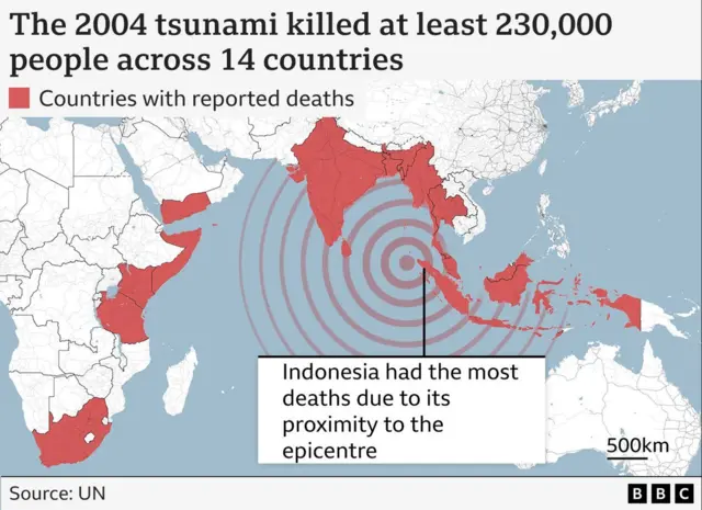 ဒီမြေပုံက ၂၀၀၄ ဆူနာမီကြောင့် လူသေဆုံးခဲ့ရတဲ့ နိုင်ငံတွေကိုပြသနေတာဖြစ်ပါတယ်။
