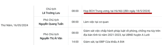 Lịch làm việc của ông Lê Trường Lưu được đăng công khai trên cổng thông tin của HĐND tỉnh Thừa Thiên-Huế