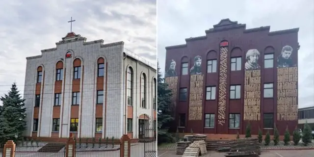 Церковь Игоря Иващука до и после оккупации. Ее фасад перекрасили из серого в темно-красный цвет и украсили большими фресками с изображениями российских солдат