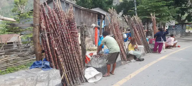 बाटोछेउमा उखु बेच्दै किसानहरू