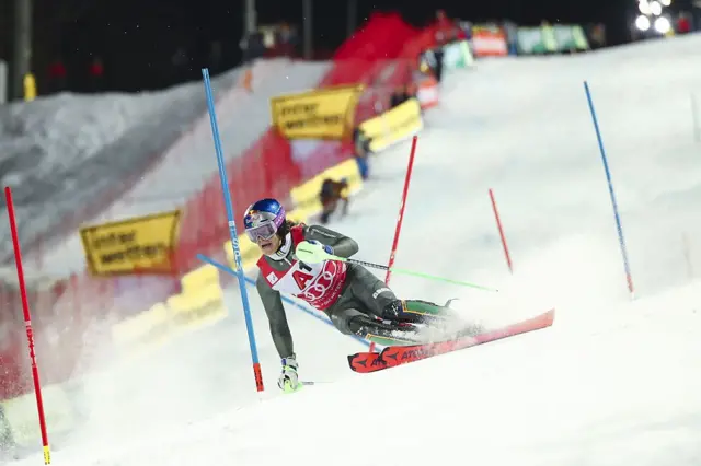 Lucas Pinheiro Braathen durante a primeira descida da Copa do Mundo de Esqui Alpino, na modalidade Slalom Masculino, em 28 de janeiro de 2026, em Schladming, Áustria.