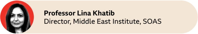 A red circle with a picture of Professor Lina Khatib, Director, Middle East Institute, SOAS