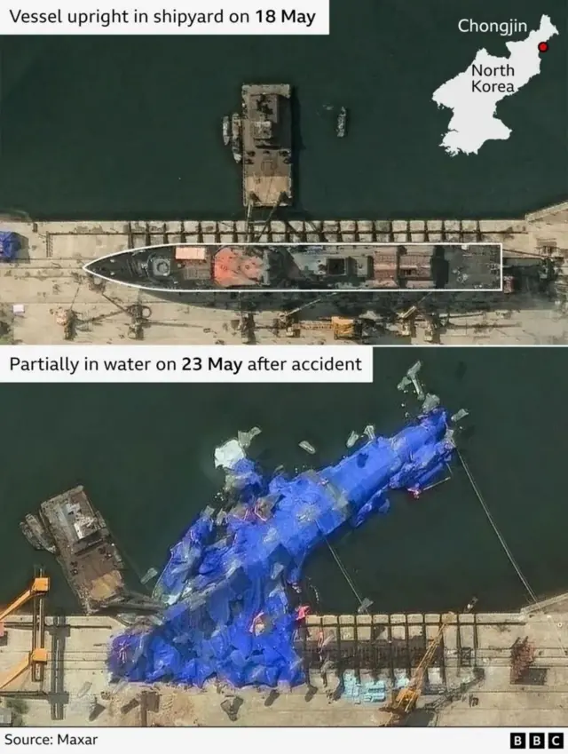 분할 사진 윗쪽은 사고 구축함이 18일 진수를 앞두고 있는 모습, 아랫쪽은 23일 사고 후 파란 천으로 덮여 있는 모습