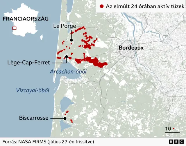 Térképen a Bordeaux-hoz közeli erdőtüzek