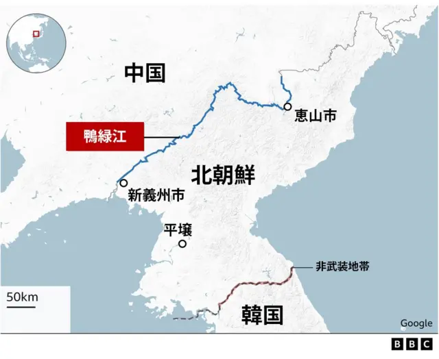 北朝鮮と中国国境周辺の地図