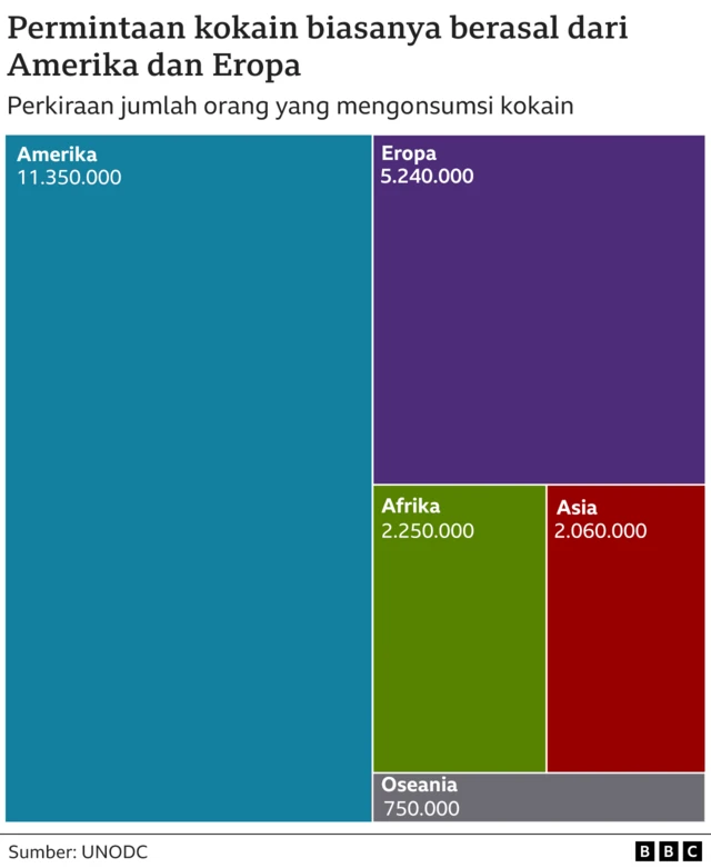 Bagan yang menunjukkan rincian konsumsi kokain berdasarkan benua