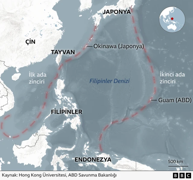 Çin, Tayvan, Japonya, Güney Kore, Guam ve Filipinler'i gösteren bir BBC grafiği. 